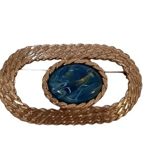 Vintage Gold Tone Buckle Green Cabochon Brooch